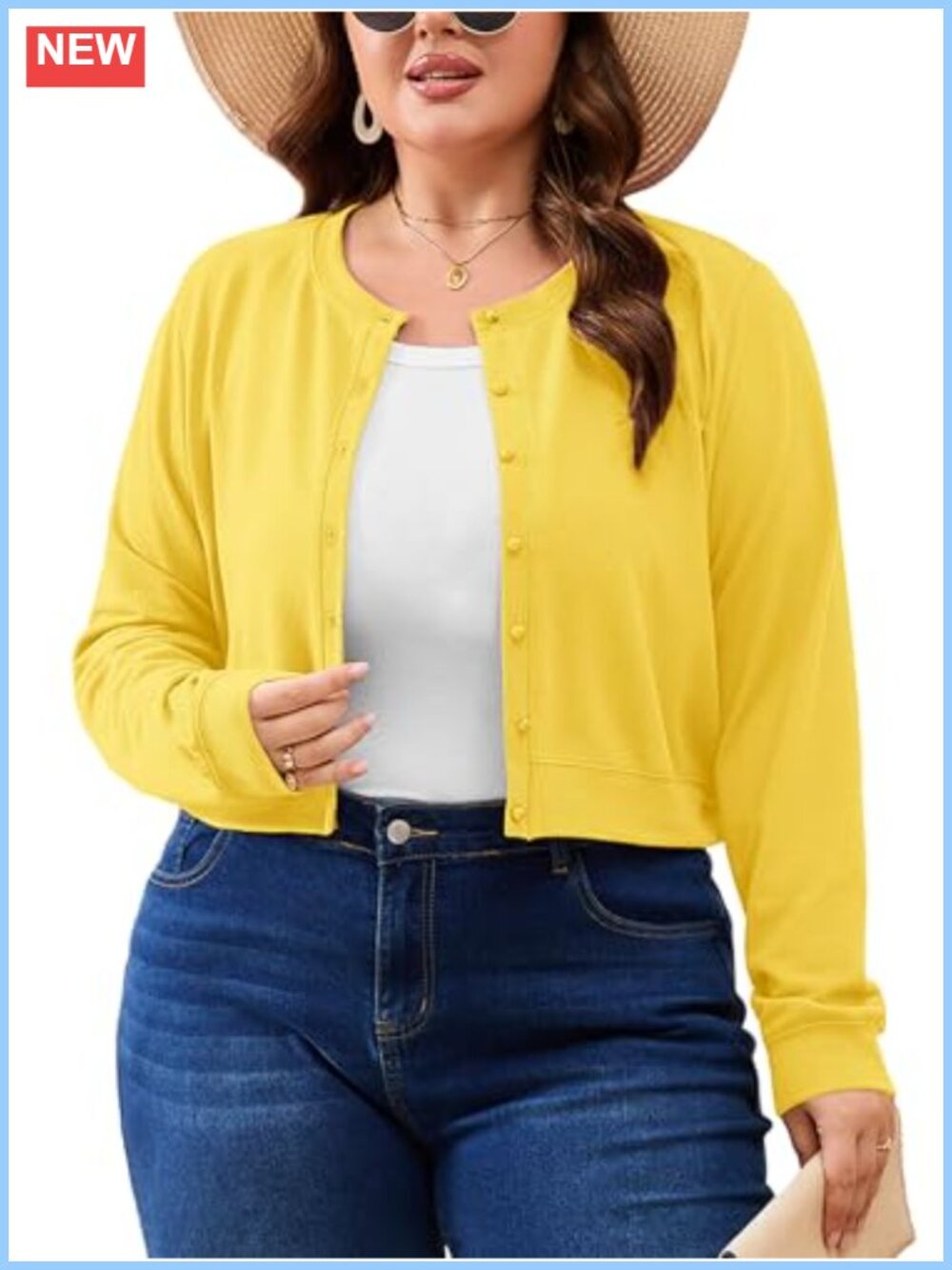 Plus Size Cropped Cardigan Lightweight Button Front Knit Crew Neck